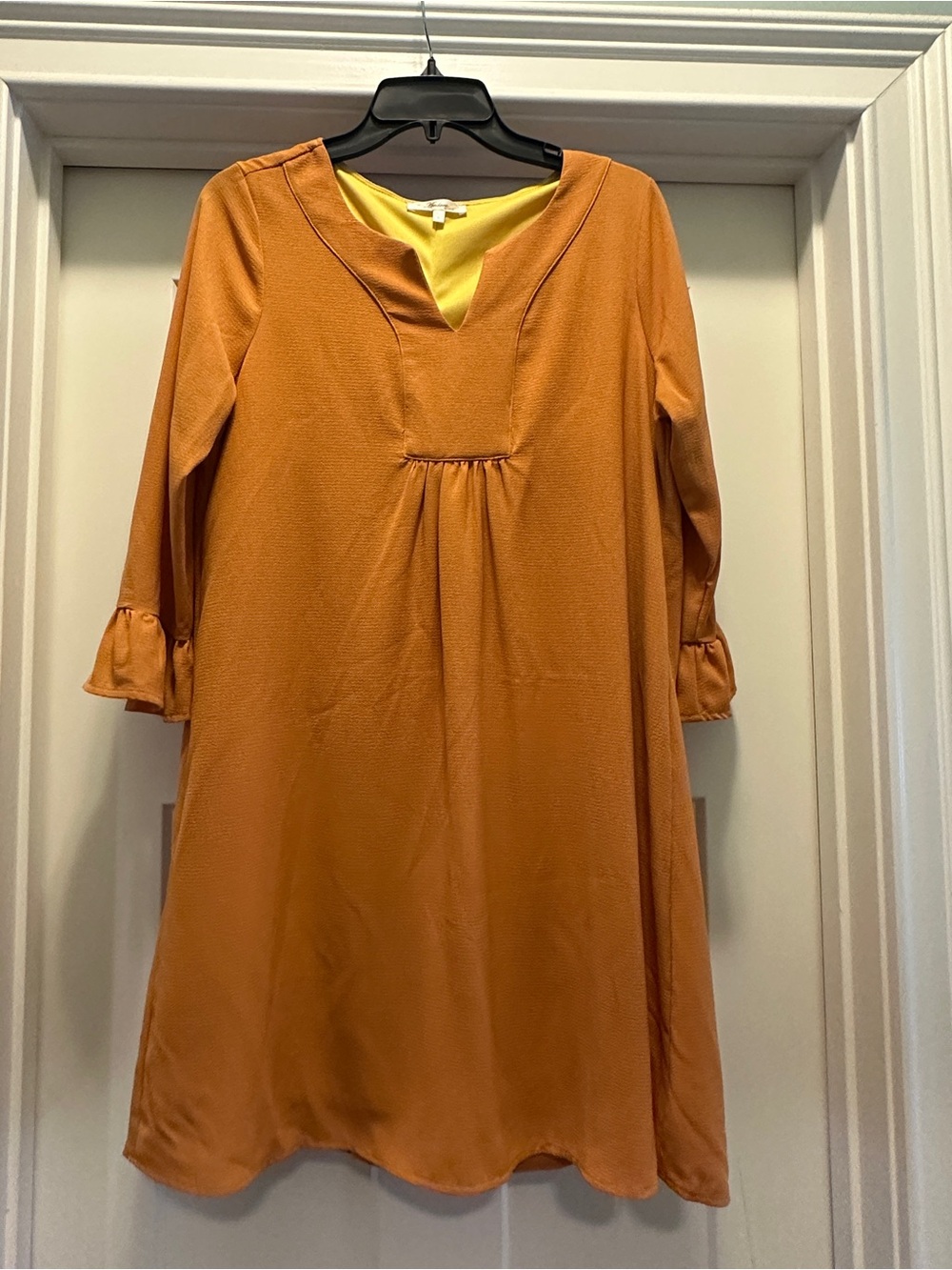 Andree Long Sleeve A-Line Dress in Mustard Yellow and Gold